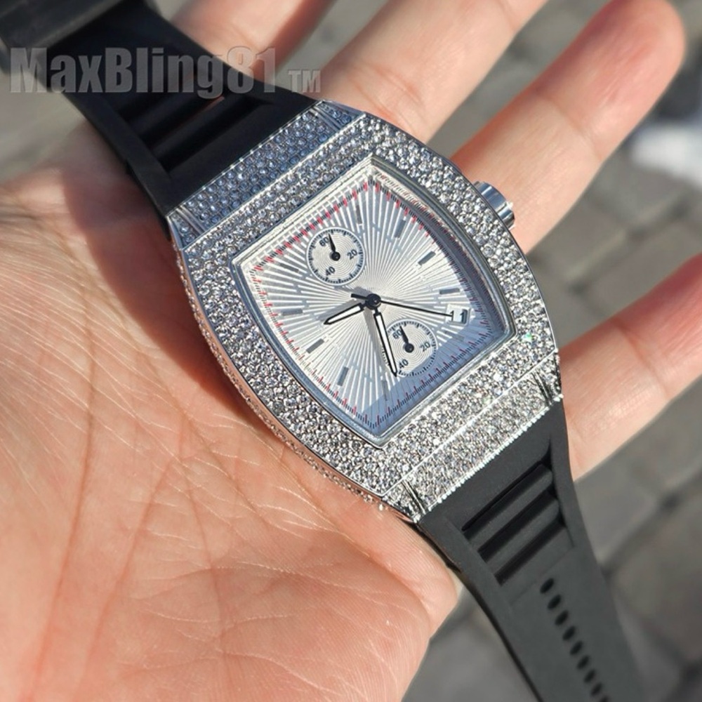 MEN'S CHRONOGRAPH DATE WATCH LUXURY HIP HOP ICED SILICONE BAND SIMULATED DIAMOND